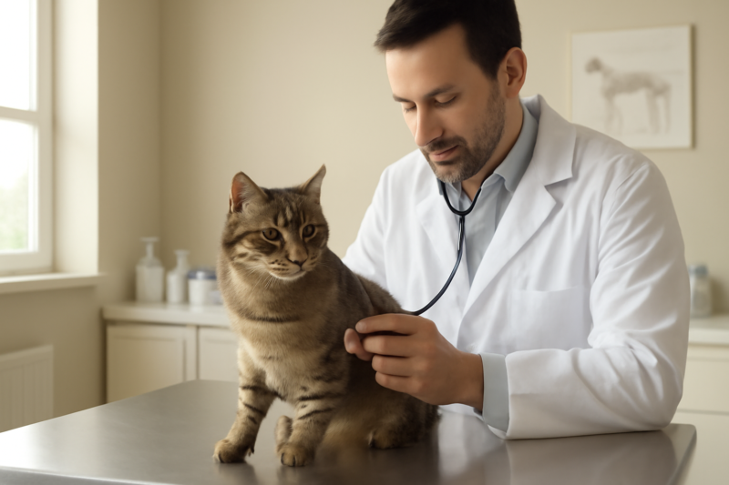 Dierenarts onderzoekt een kat op de behandeltafel in een kliniek