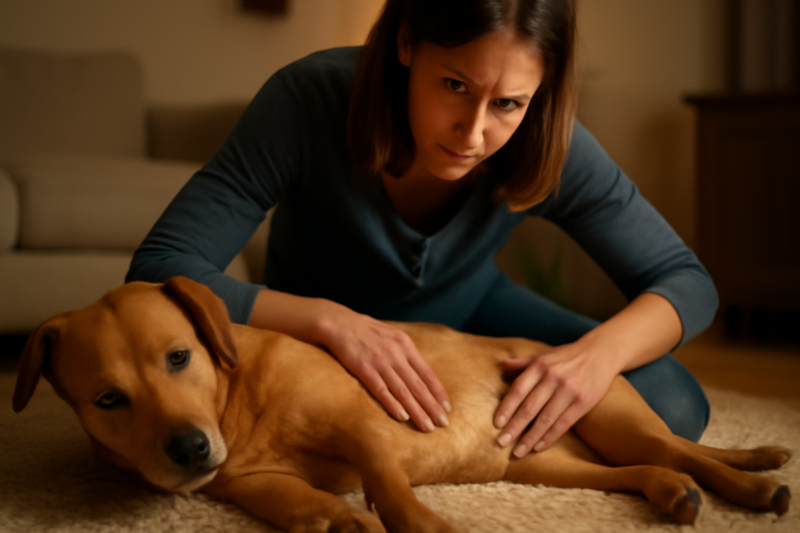 Baasje controleert zieke hond met diarree en braken op de grond thuis