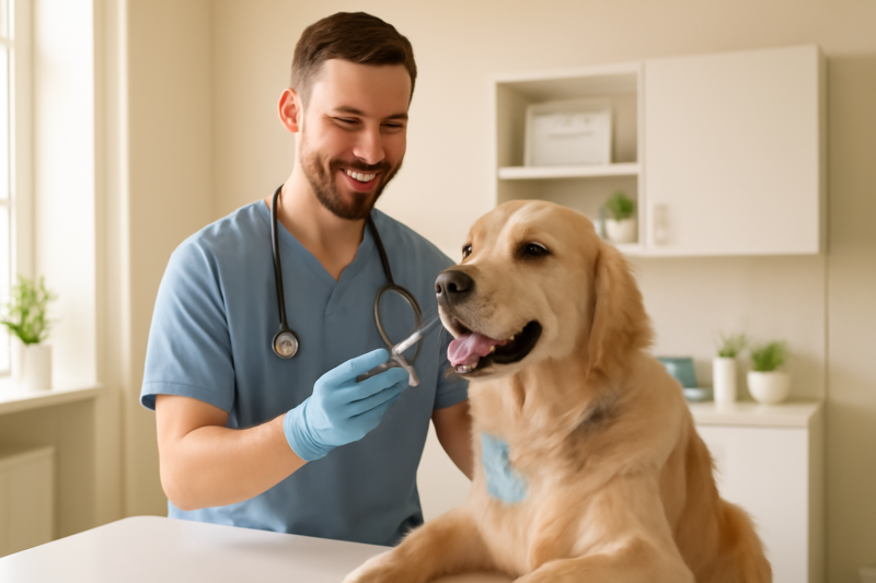 Dierenarts bereidt een vaccinatie voor bij een golden retriever in een dierenkliniek