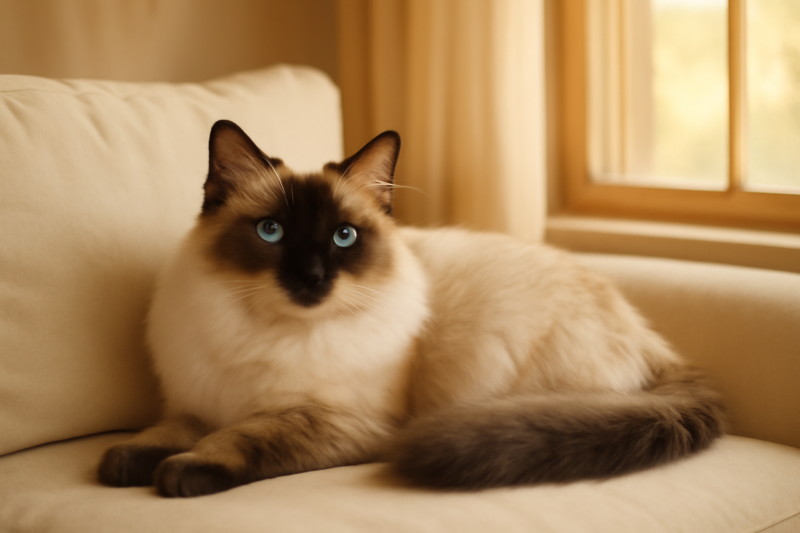 Ragdoll kat met blauwe ogen en zachte vacht ontspannen op een lichte bank