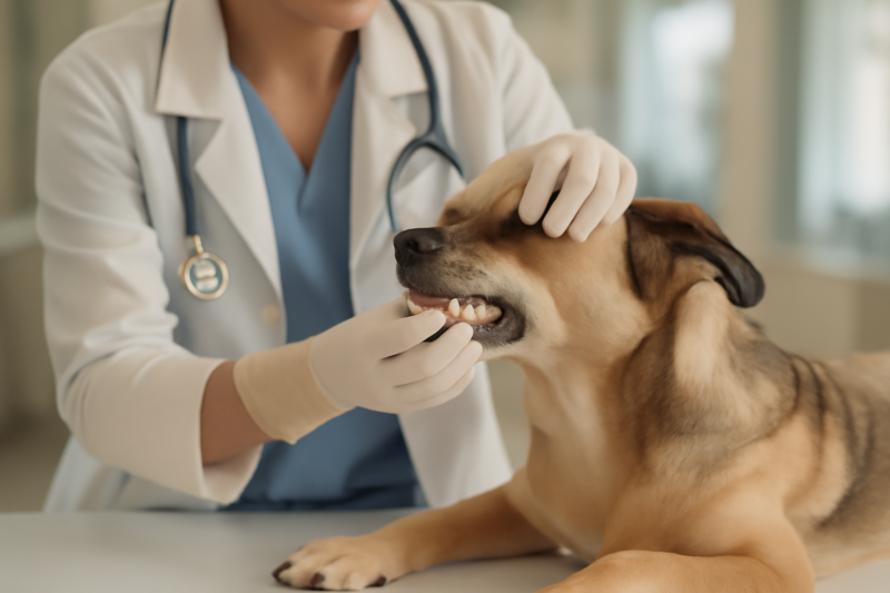 Dierenarts onderzoekt de tanden van een hond tijdens een gebitscontrole